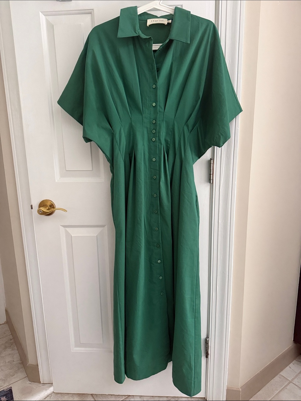 Green Button-Front Midi Dress with Pleated Waist